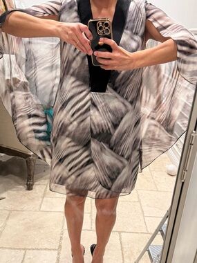 Halston Heritage Black and Ivory Abstract Midi Dress